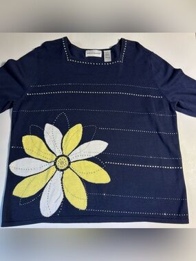 Alfred Dunner 3/4 Sleeve Sweater Top Women  Large  Blue Square Neck lightweight